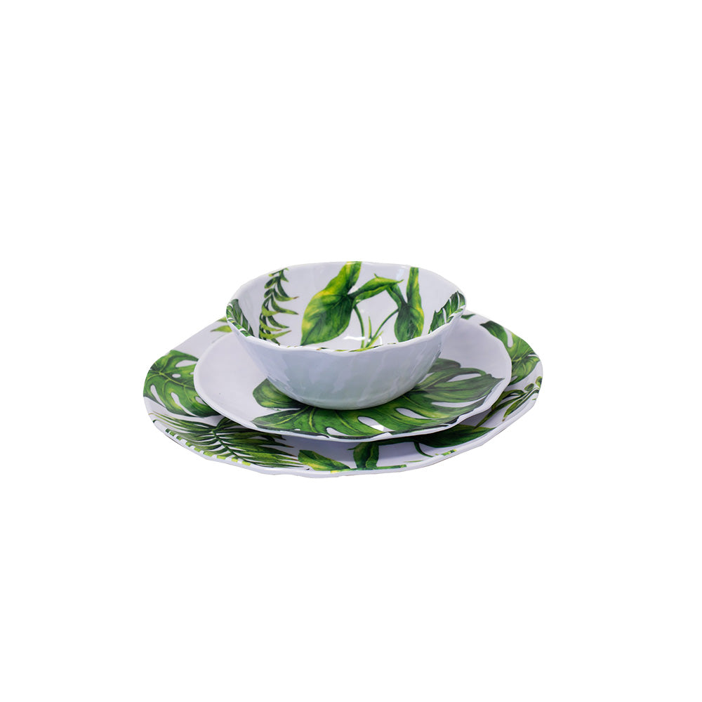 Vajilla Redonda Hojas Verdes Melamina - 12 piezas - Fraciel