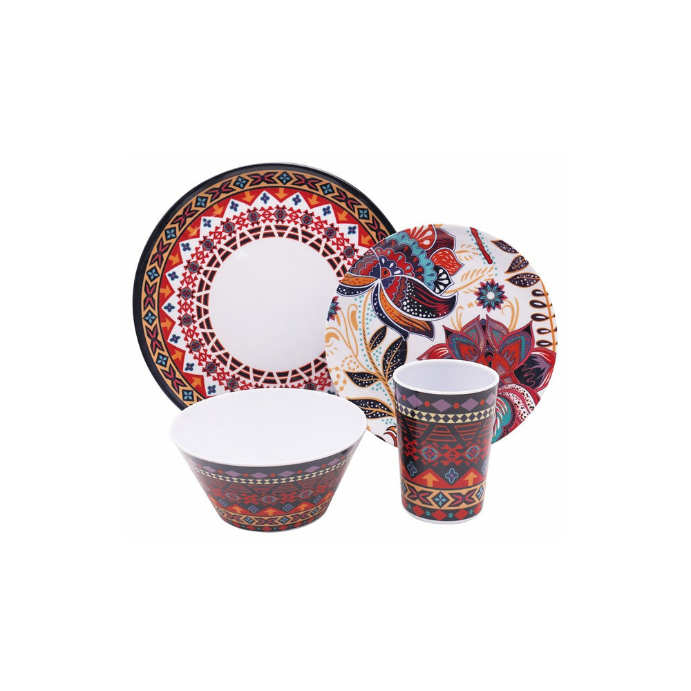 Vajilla Redonda Tribal Rojo Melamina - 16 piezas - Fraciel