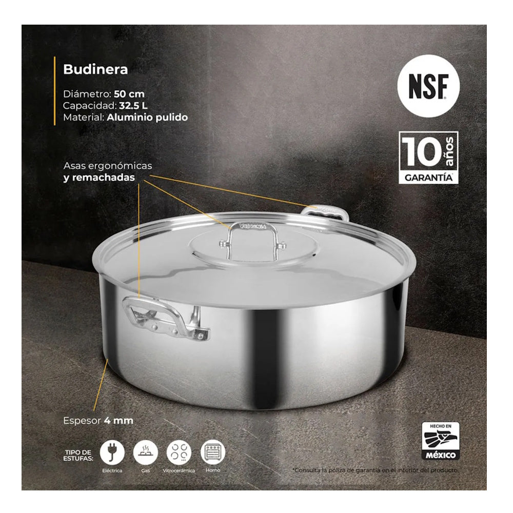 Budinera C/Tapa 50 Cm Aluminio NSF 4.0 mm Acorazada Vasconia