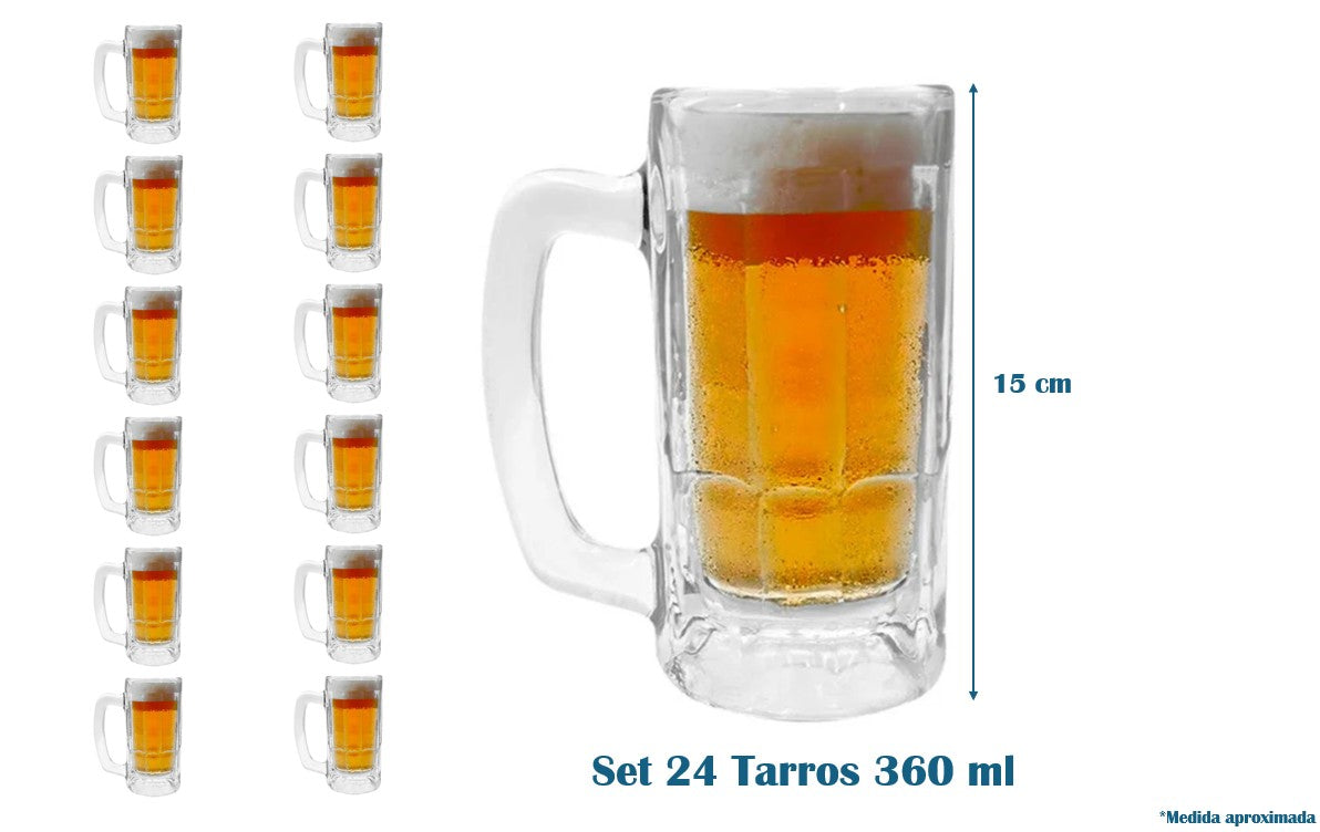 Set Pack 24 Tarros Vasos Cerveceros 360 ml Vidrio Glassia
