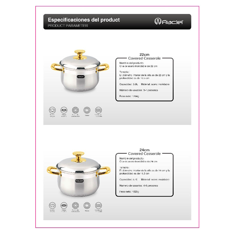 Bateria De Cocina Ollas 8 Pz Havana Fraciel Acero Inoxidable