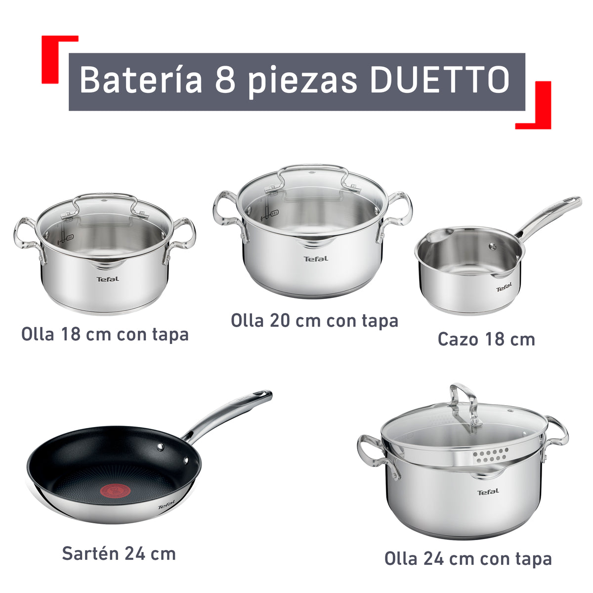 Batería De Cocina T-fal Duetto 8 Piezas Acero Inoxidable