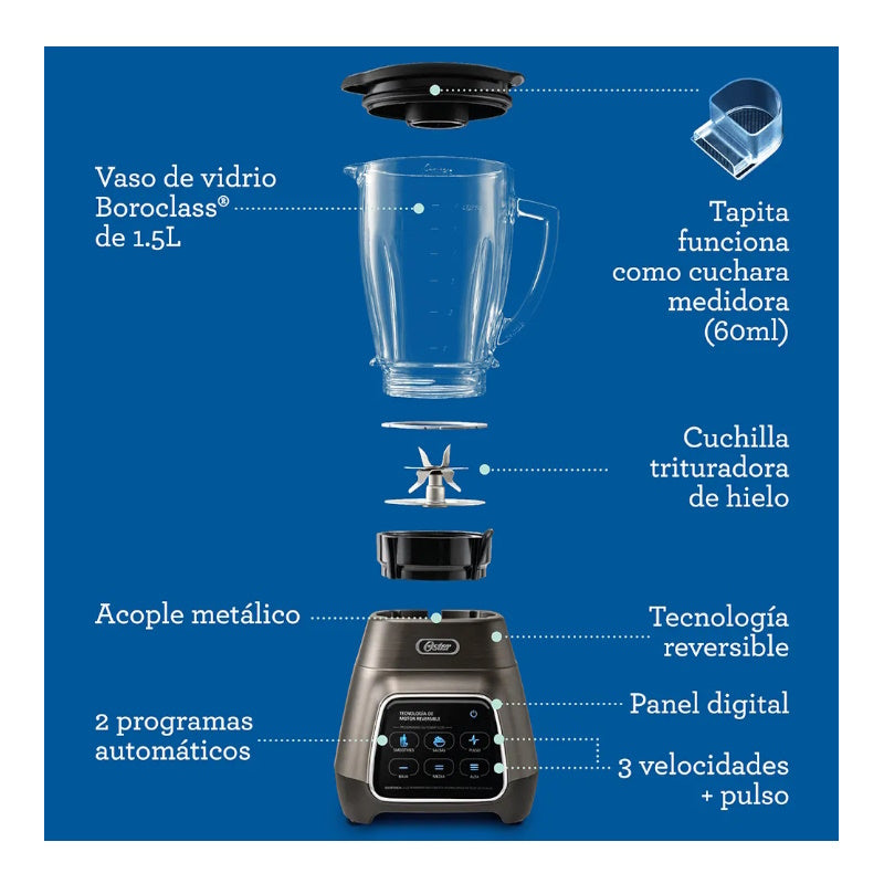Licuadora Reversible 1000 W Táctil Gris Vaso Vidrio Oster 2177525