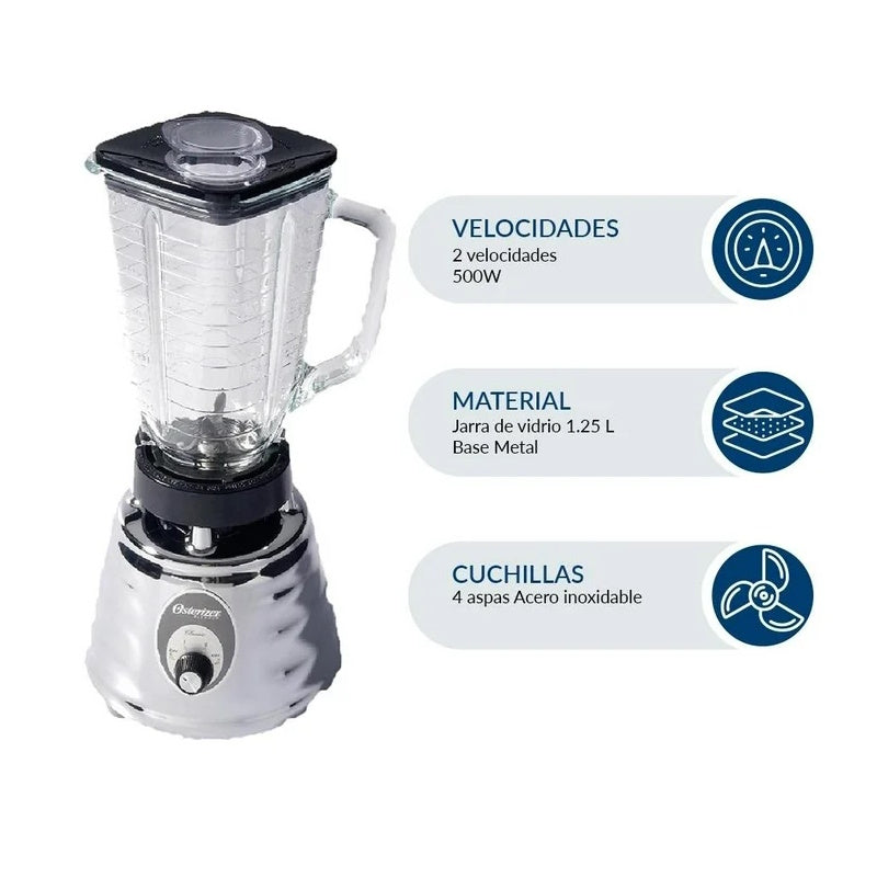 Licuadora Vaso de Vidrio 500 w /1.25 L / 2 Vel Cromada Oster