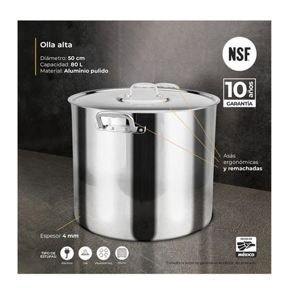 Olla Alta Recta 50 cm/80 lt Aluminio Acorazada NSF Vasconia