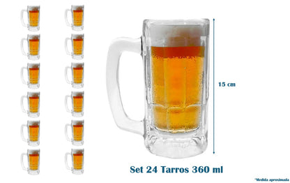 Set Pack 24 Tarros Vasos Cerveceros 360 ml Vidrio Glassia