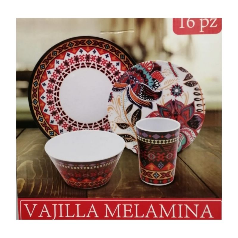 Vajilla de Melamina 16 pzas Cocina Roja Tribal Fraciel