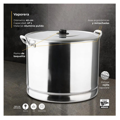Vaporera Tamalera 47 L Aluminio PRO Con Tapa Vasconia 4071375