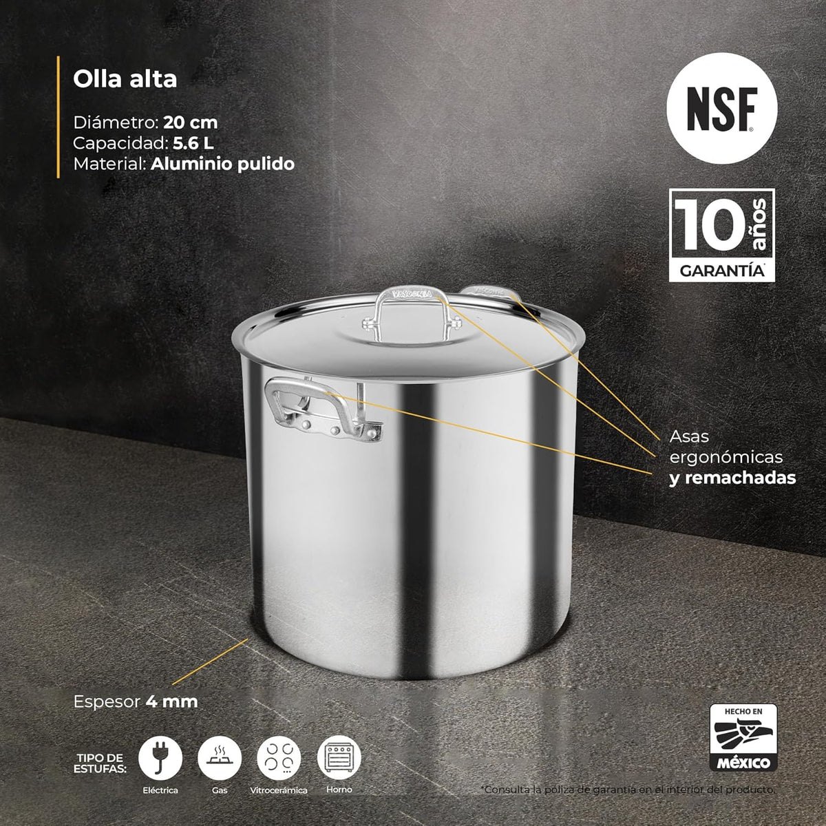 Olla Alta Recta Vasconia NSF 5.6 L/ 20 cm Aluminio 4030211