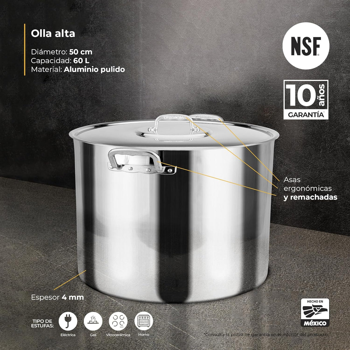 Olla Alta Recta Vasconia NSF 60 L/ 50 cm Aluminio 4030327