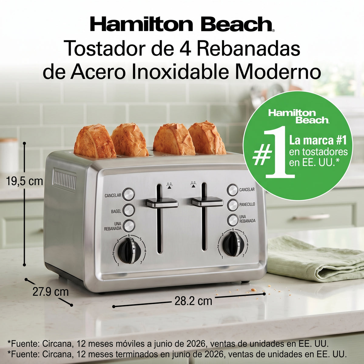 Tostador Hamilton Beach 4 Rebanadas Acero Inoxidable 24798